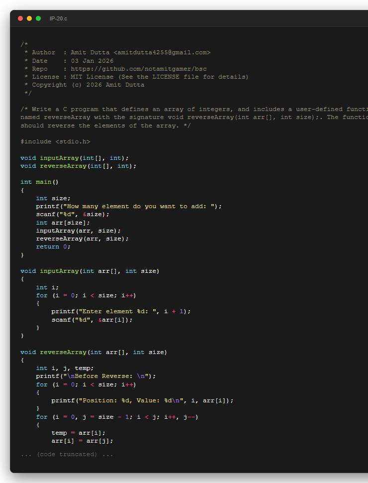 Write a C program that defines an array of integers, and includes a user-defined function named reverseArray with the signature void reverseArray(int arr[], int size);. The function should reverse the elements of the array.